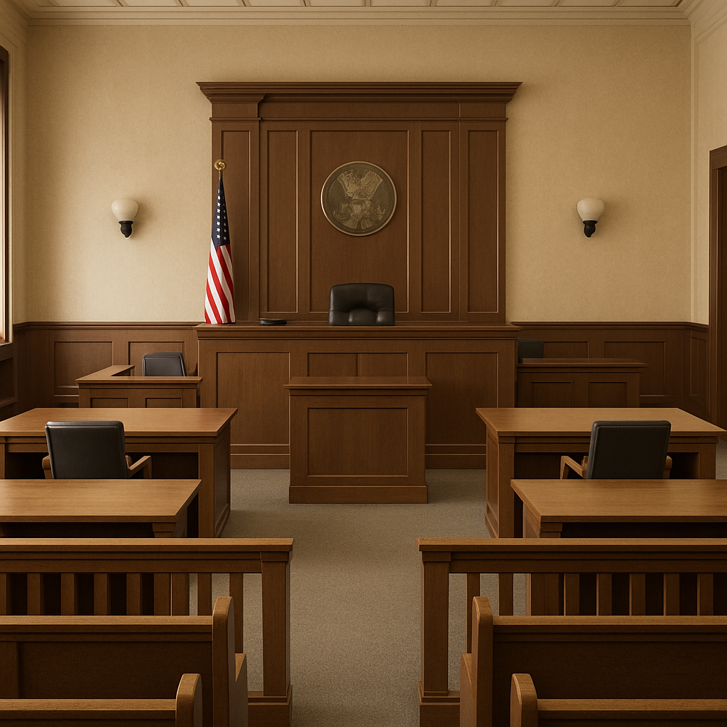Empty Utah courtroom used for hearings and personal injury cases