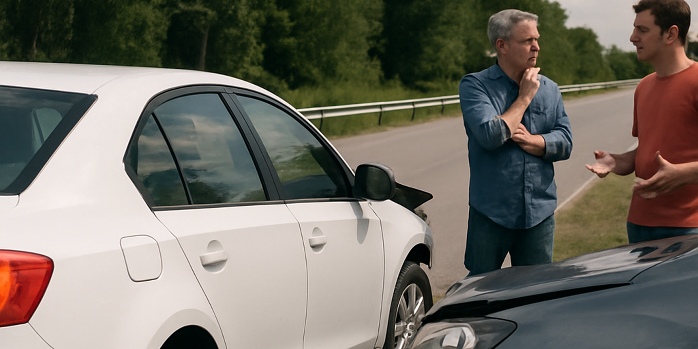 Drivers on he side of the road communicating after a car crash