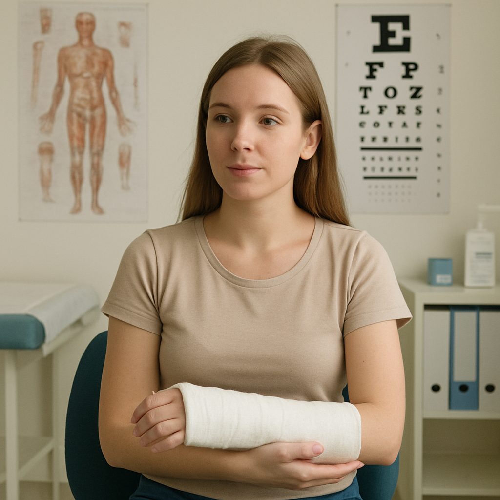 Woman with a cast on her arm receiving medical care after a serious or catastrophic injury.