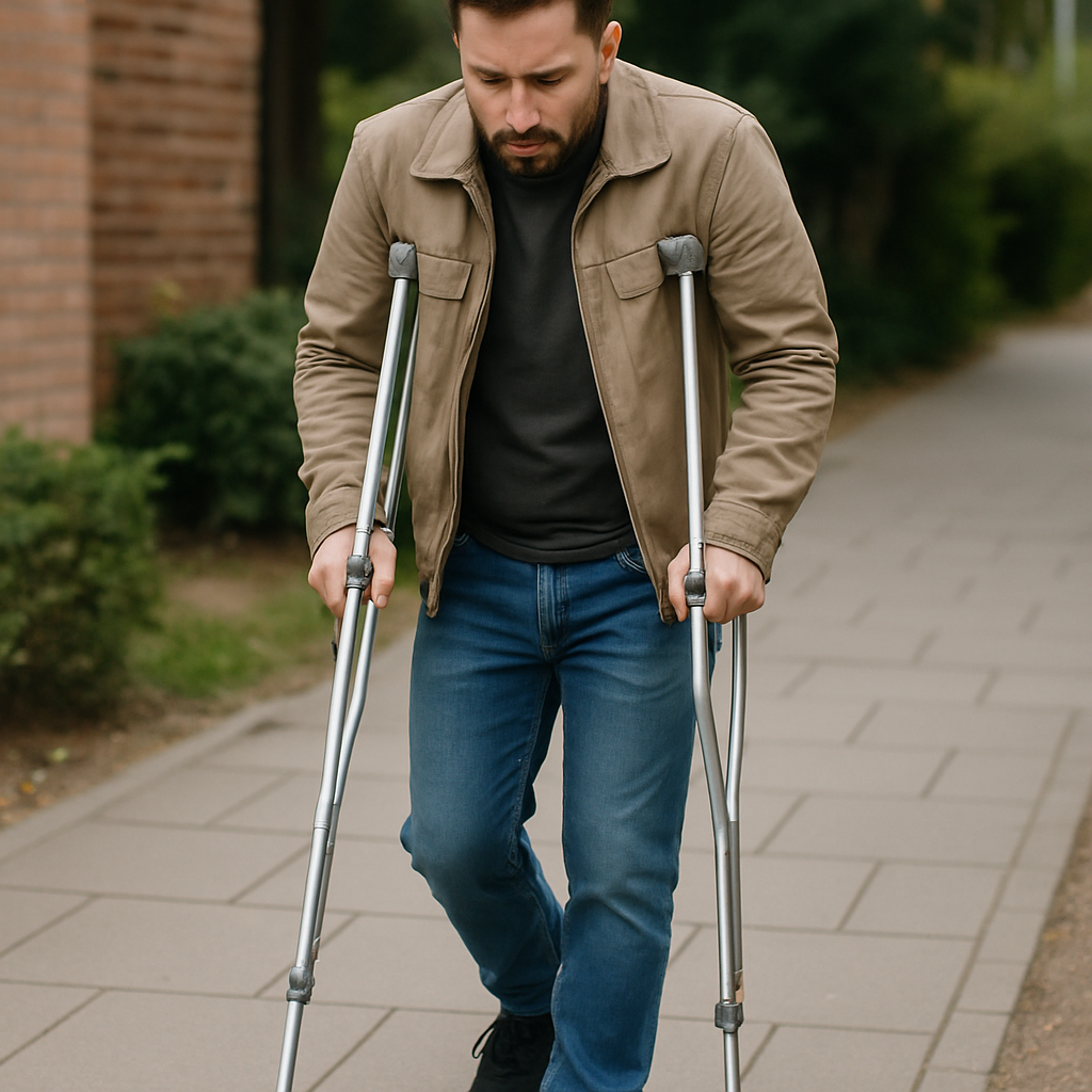 Man walking with crutches after a slip and fall injury
