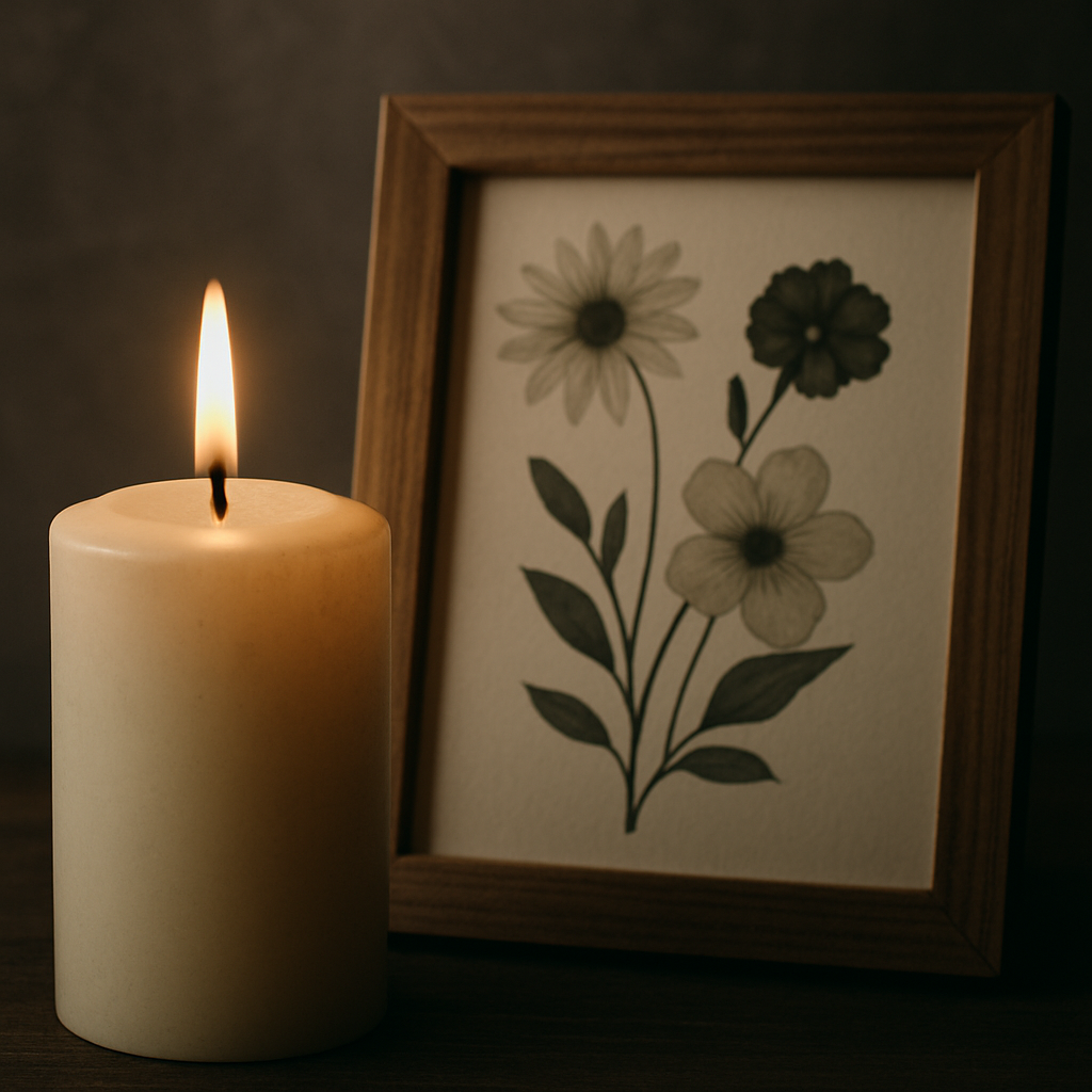 Lit memorial candle representing remembrance after the loss of a loved one