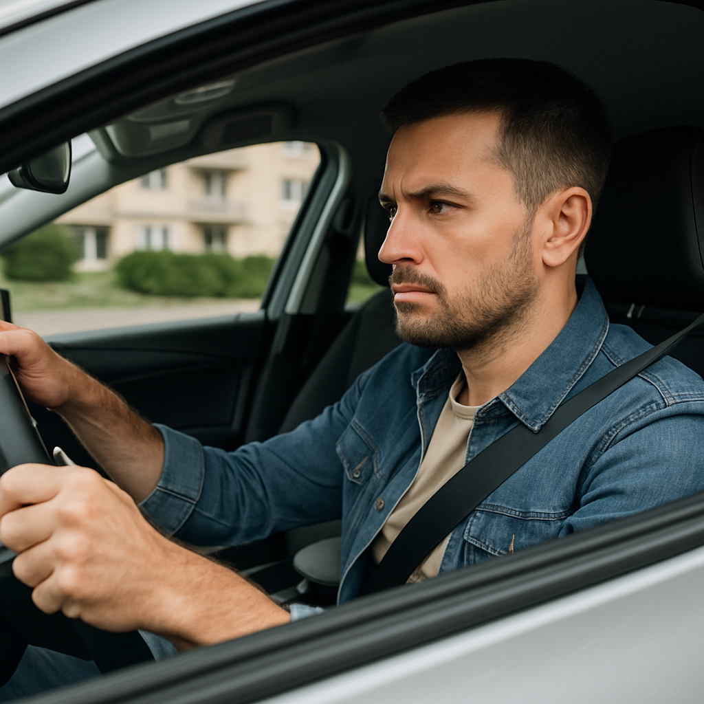Focused male driver wearing a seatbelt while operating a vehicle, representing safe driving practices.