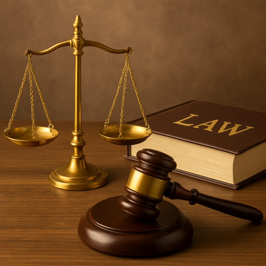 Golden scales of justice with gavel and law book