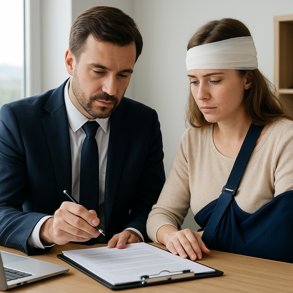 Attorney reviewing paperwork with an injured client wearing a head bandage and arm sling during a legal consultation.