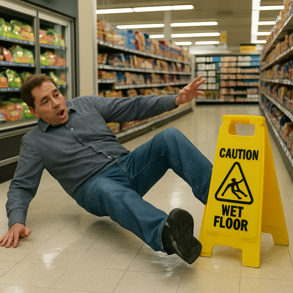 a man slipping on a wet grocery store floor next to a caution sign