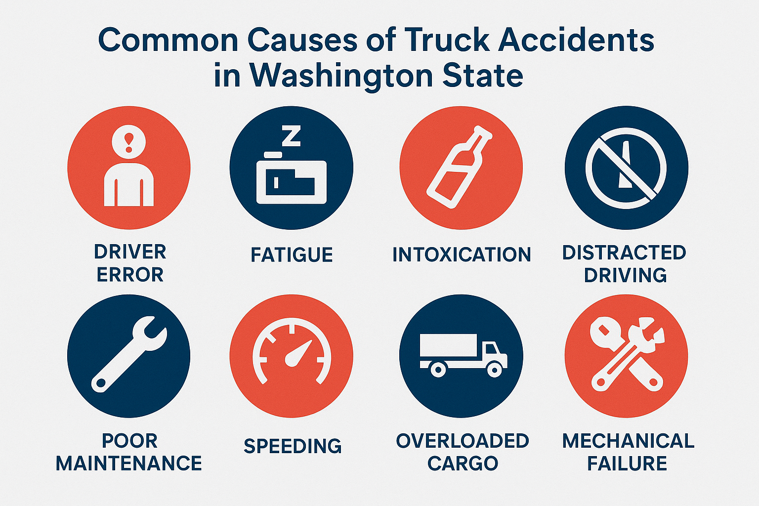Infographic showing common causes of truck accidents in Tacoma, including fatigue, speeding, overload, and mechanical failure
