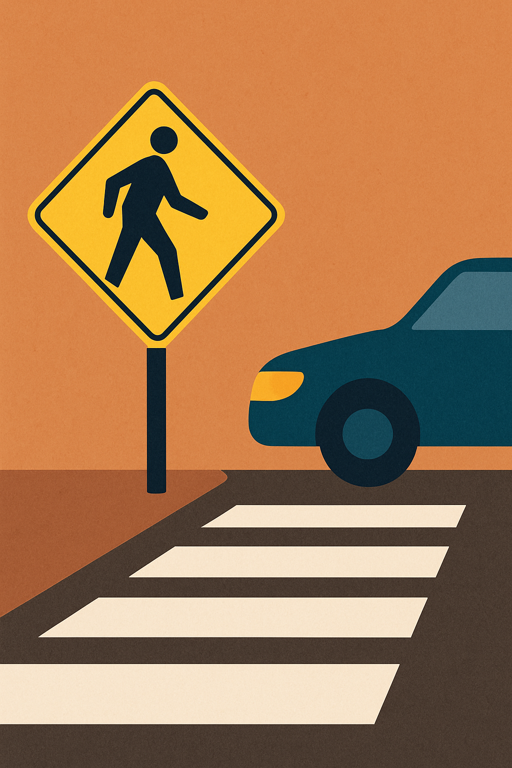 Stylized illustration of a crosswalk safety sign and a car approaching