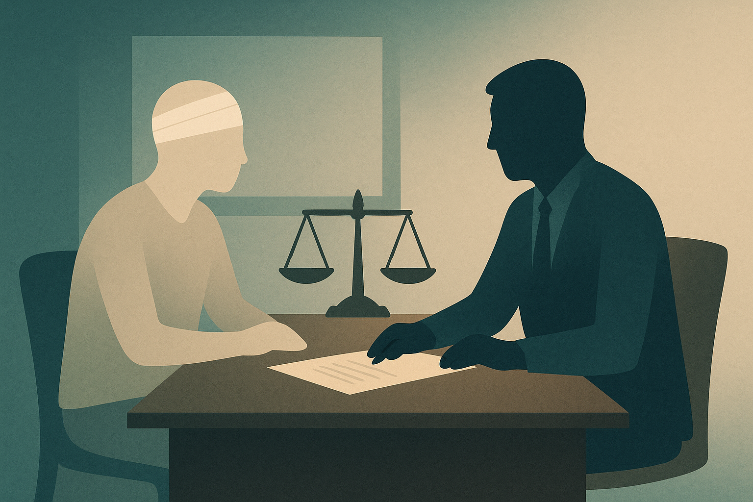 Abstract illustration of a lawyer meeting with an injured pedestrian client,