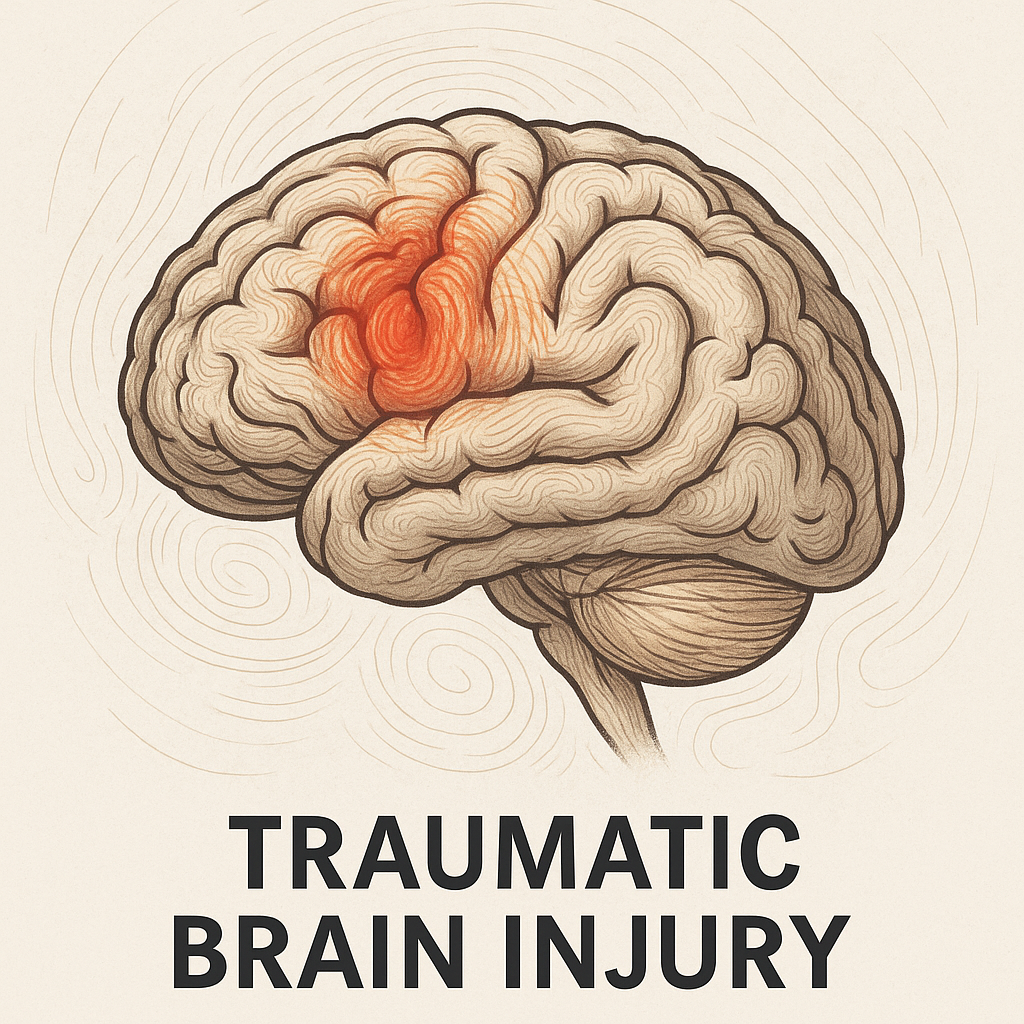 Illustration of a human brain with a highlighted injury area and swirling patterns, representing traumatic brain injury