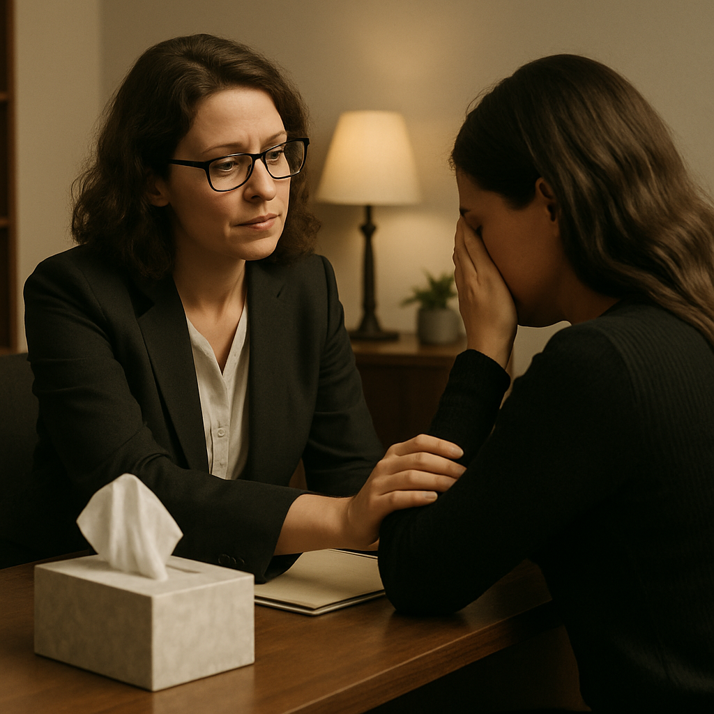 Attorney meeting with a grieving family member in a private office setting