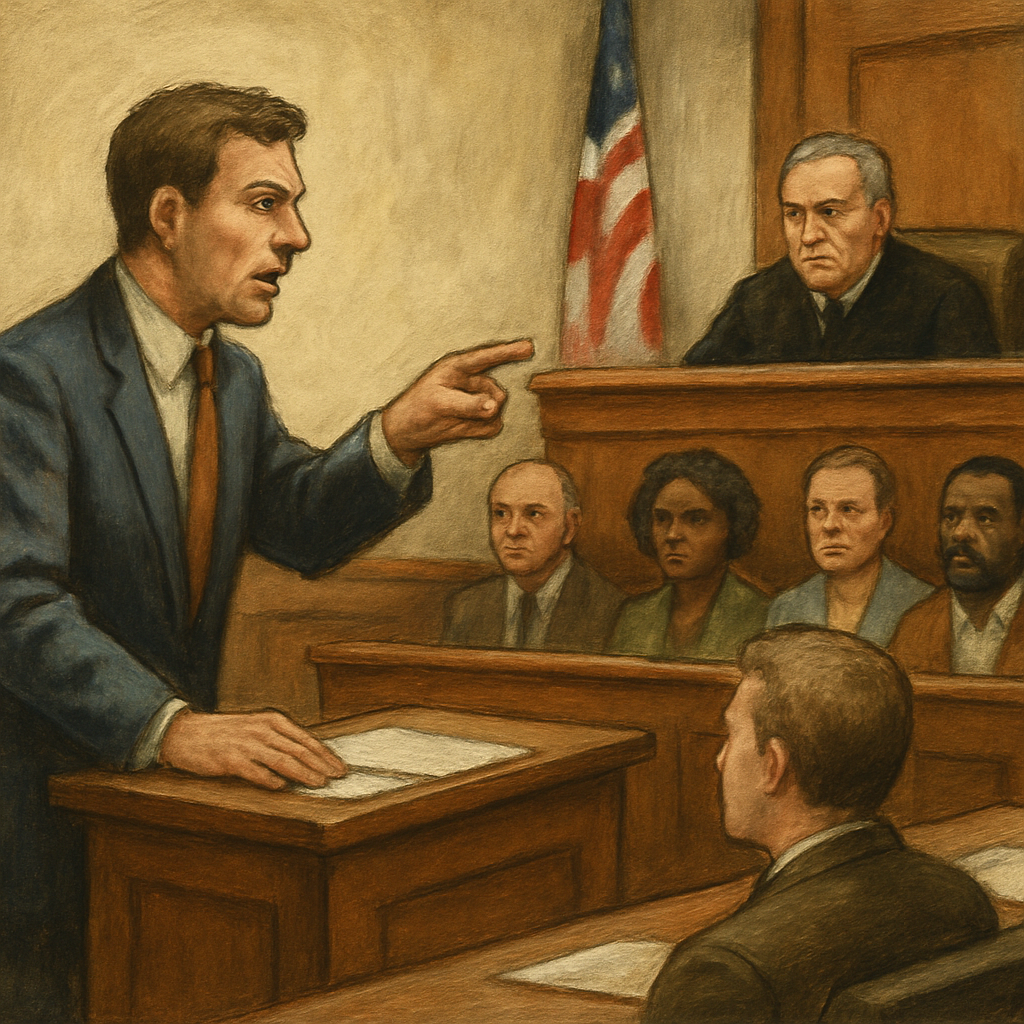 Illustration of an attorney arguing a case in a courtroom