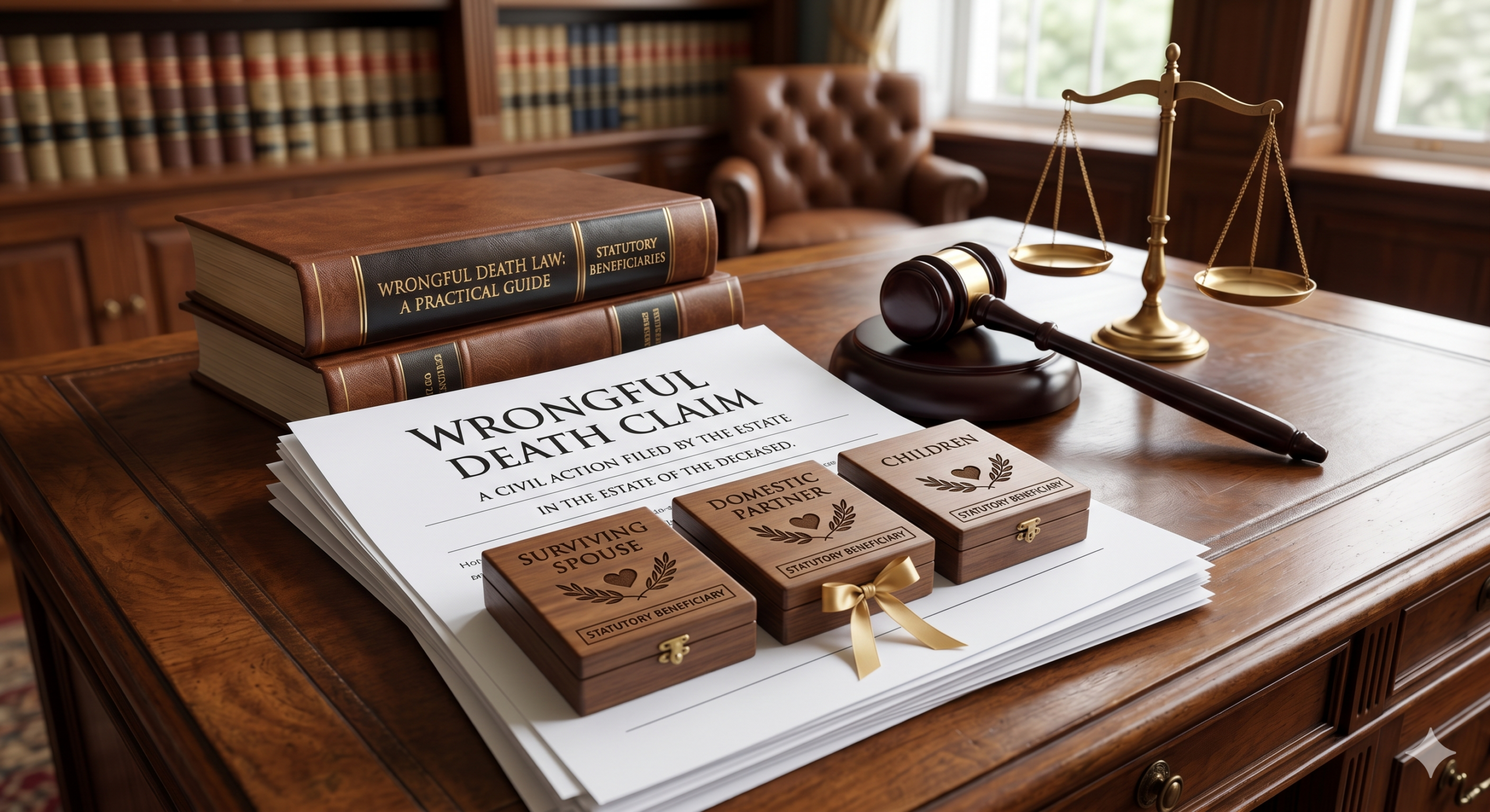 Legal documents for a wrongful death claim on a desk with a gavel, scales, and boxes for family members.