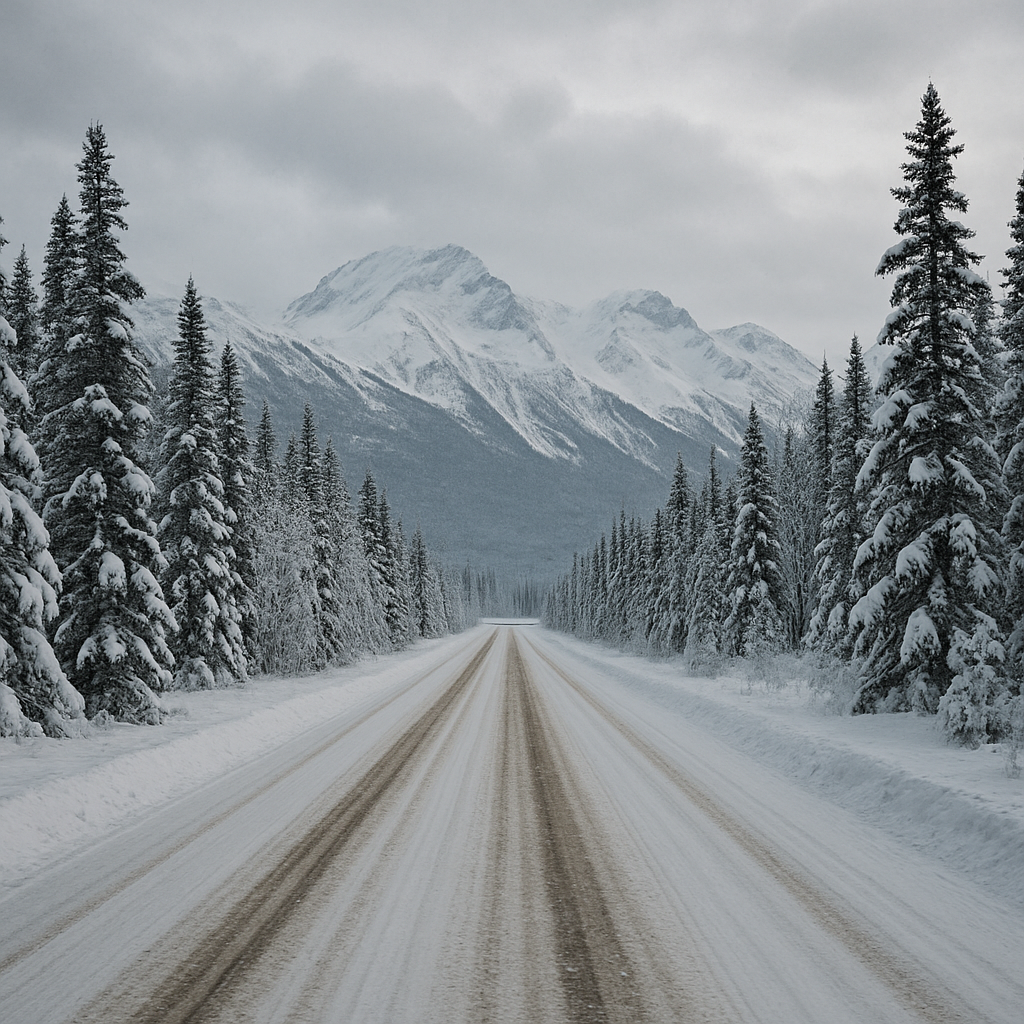 Snow-covered road in Alaska during winter with mountain views and icy driving conditions near Anchorage