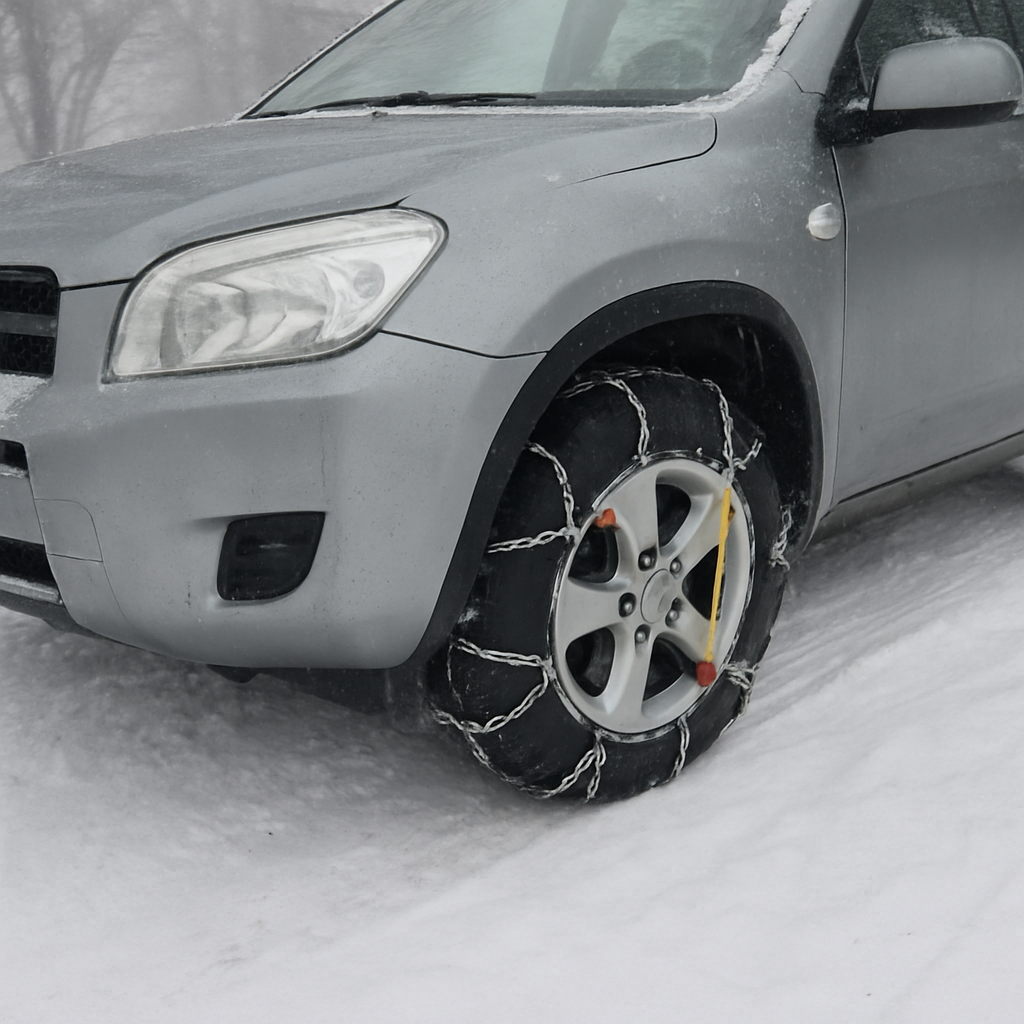 Vehicle with snow chains driving on an icy winter road in Anchorage, Alaska