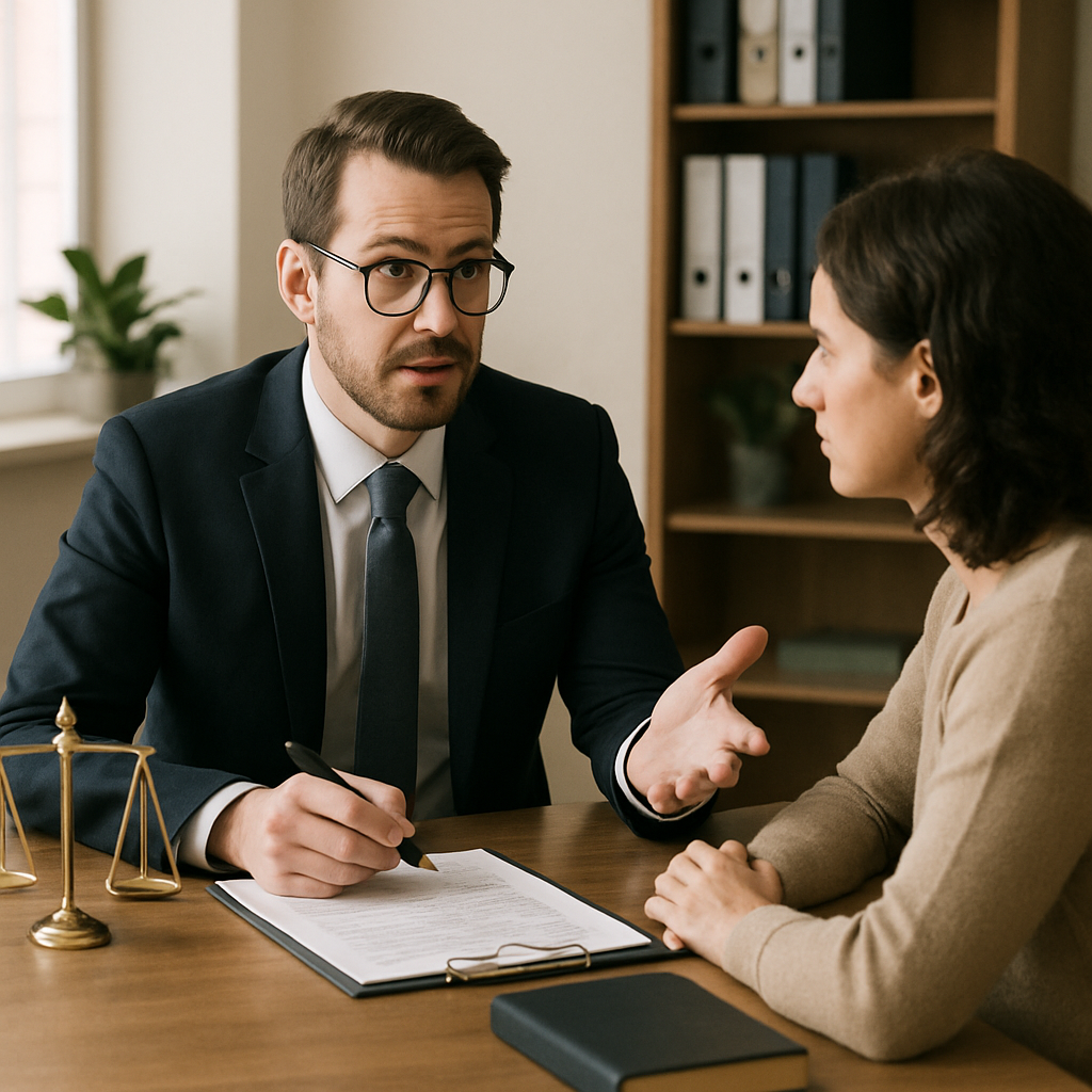 An attorney discussing case details with a client in an office setting