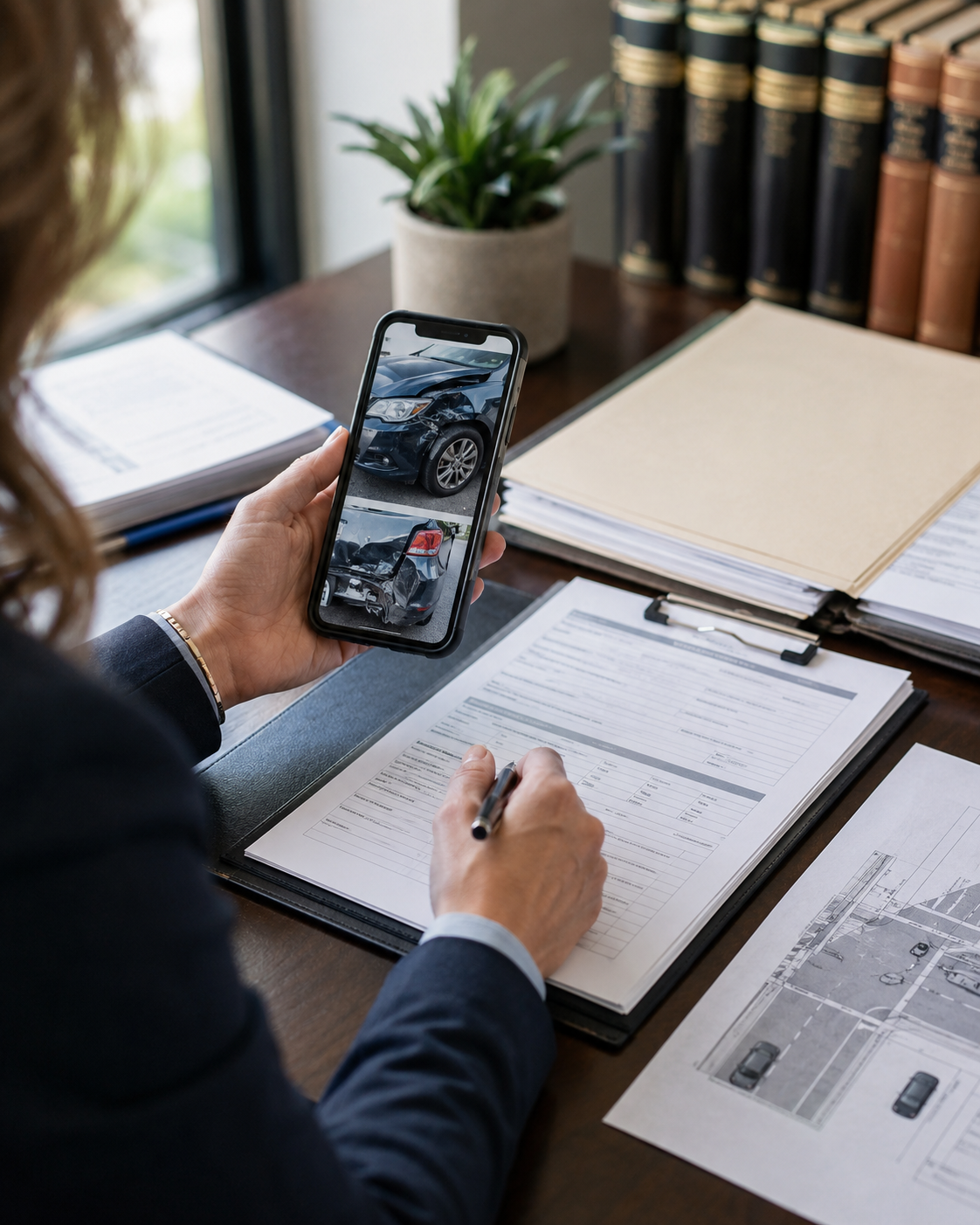 Car accident claim evidence including insurance documents, medical records, and crash photos.