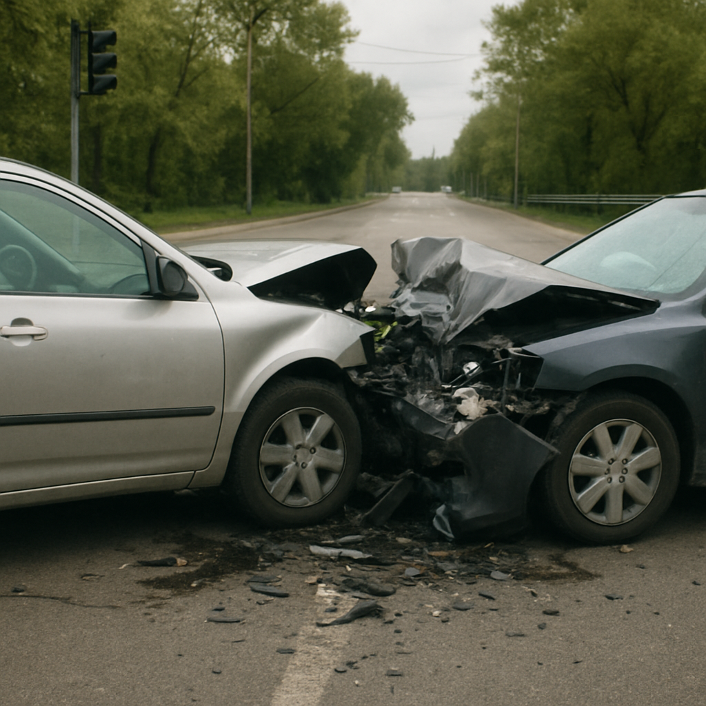 Head-on car accident showing vehicle damage after a serious crash.