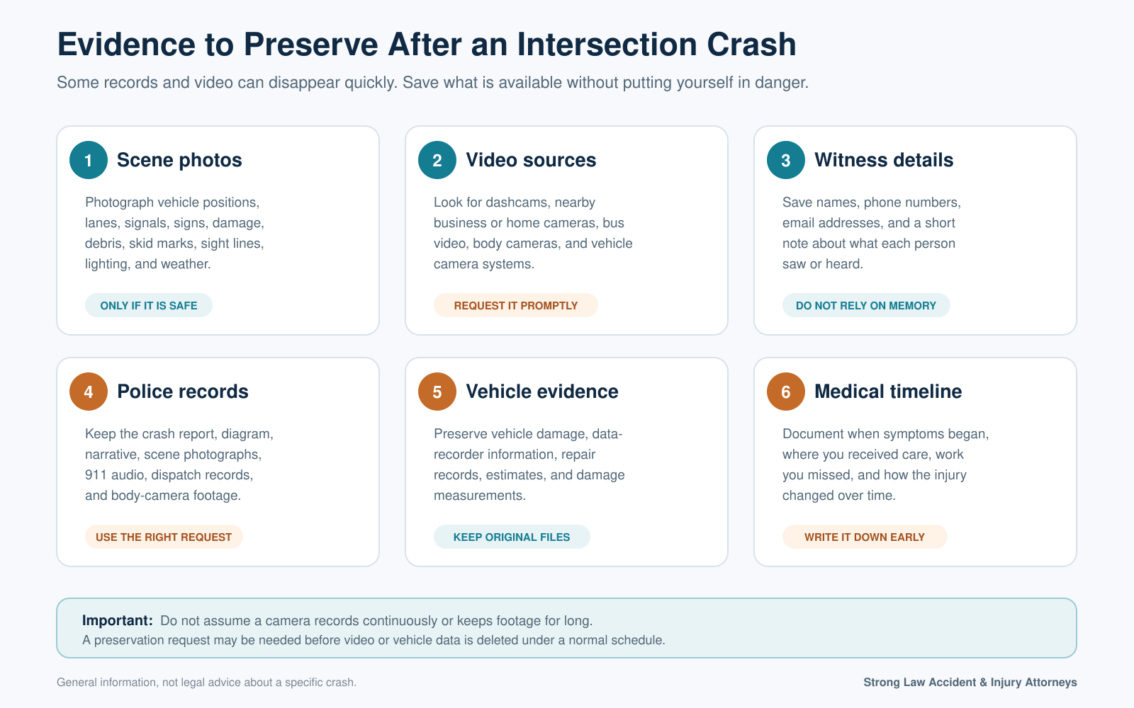 Checklist of evidence to preserve after an Albuquerque intersection crash, including photos, video, witnesses, police records, vehicle evidence, and medical documentation.