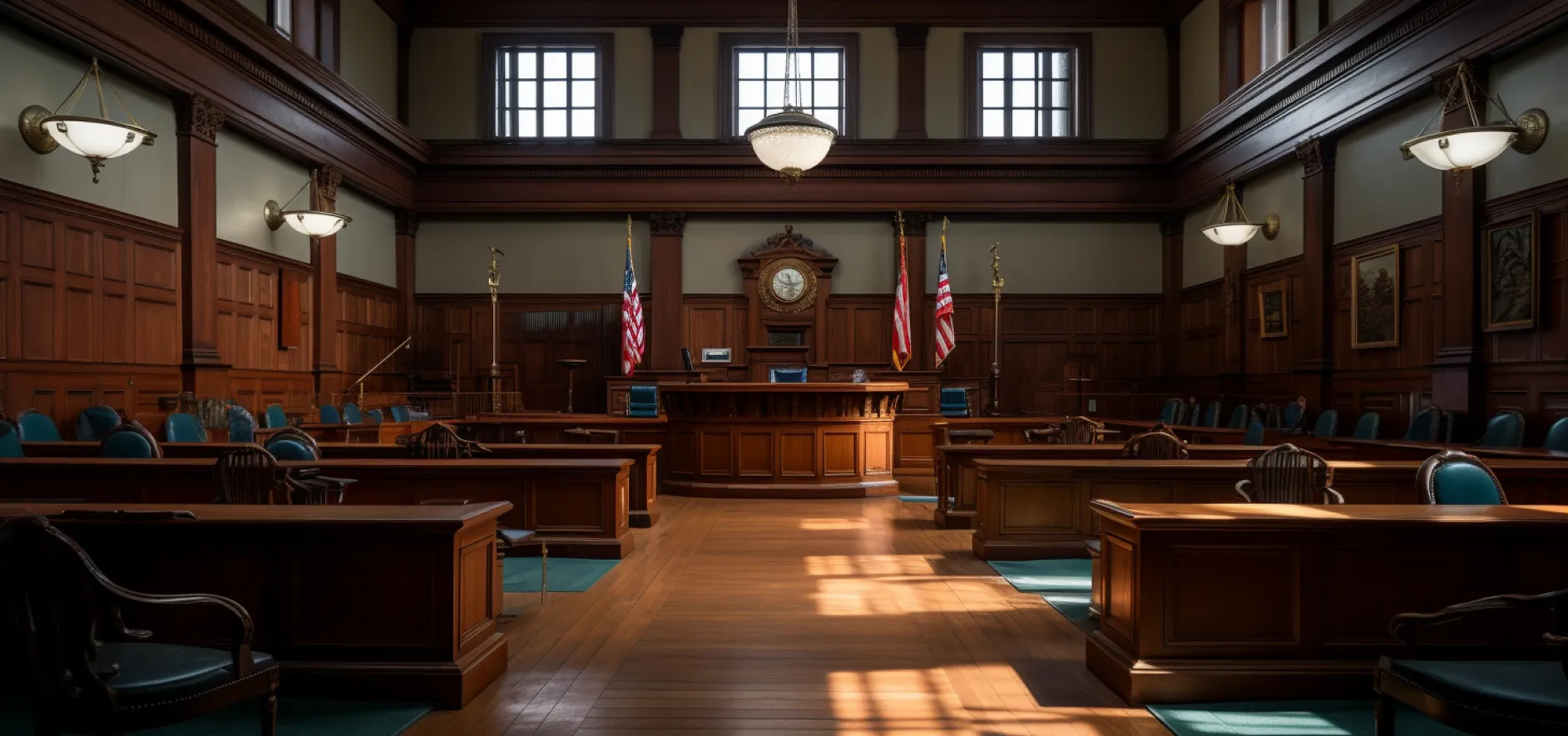 Empty courtroom with judge’s bench, jury box, and counsel tables