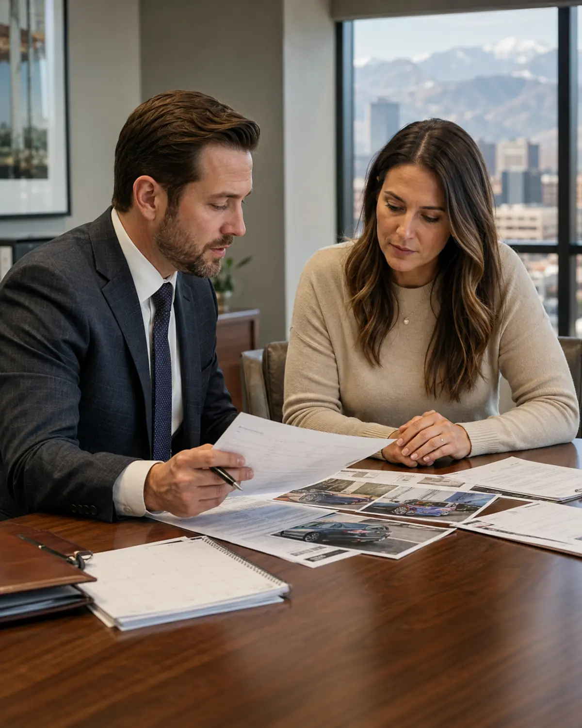 Attorney reviewing insurance and medical records with a Denver car accident client