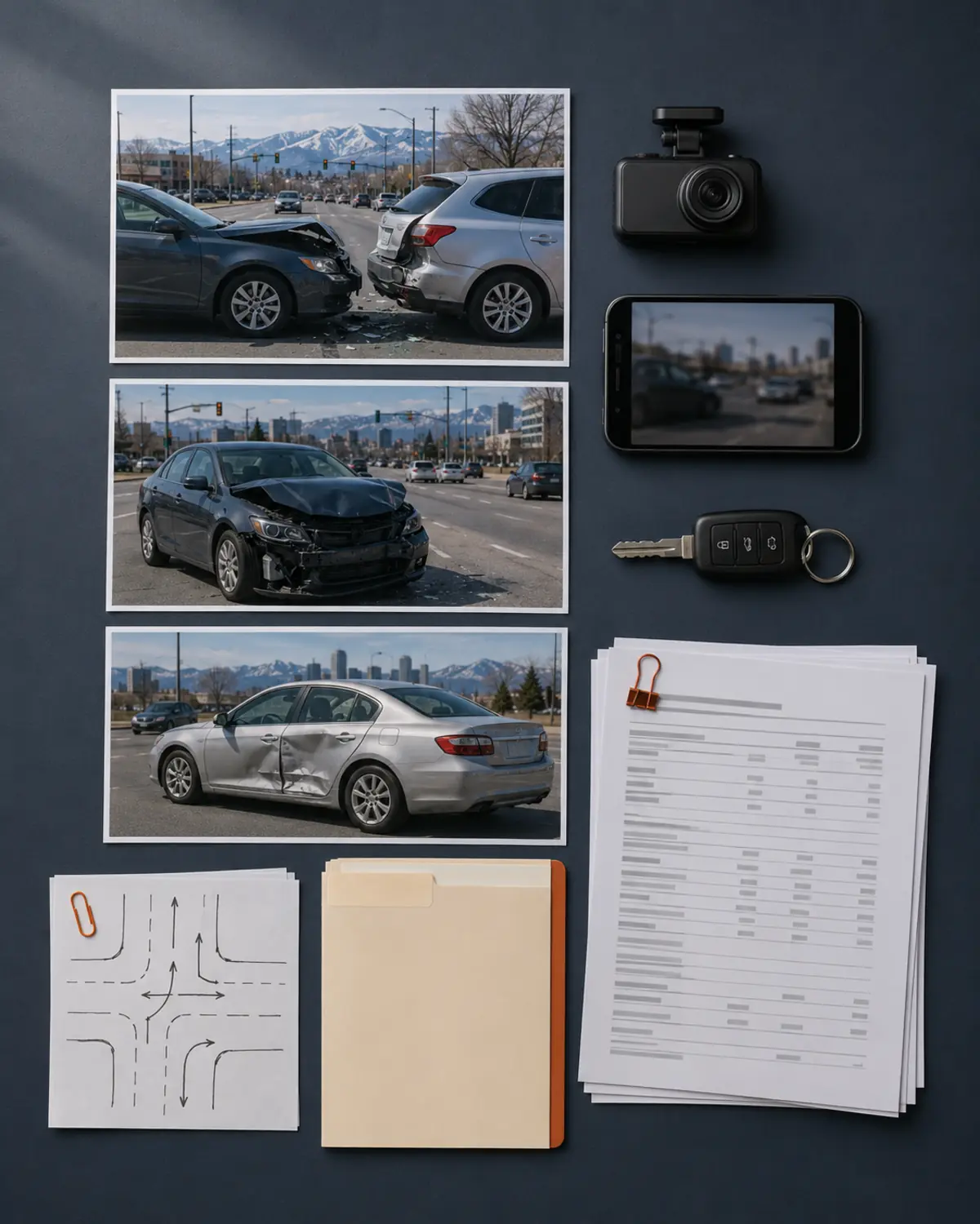 Crash photos, dashcam footage, medical records, and wage documents organized for a Denver car accident claim