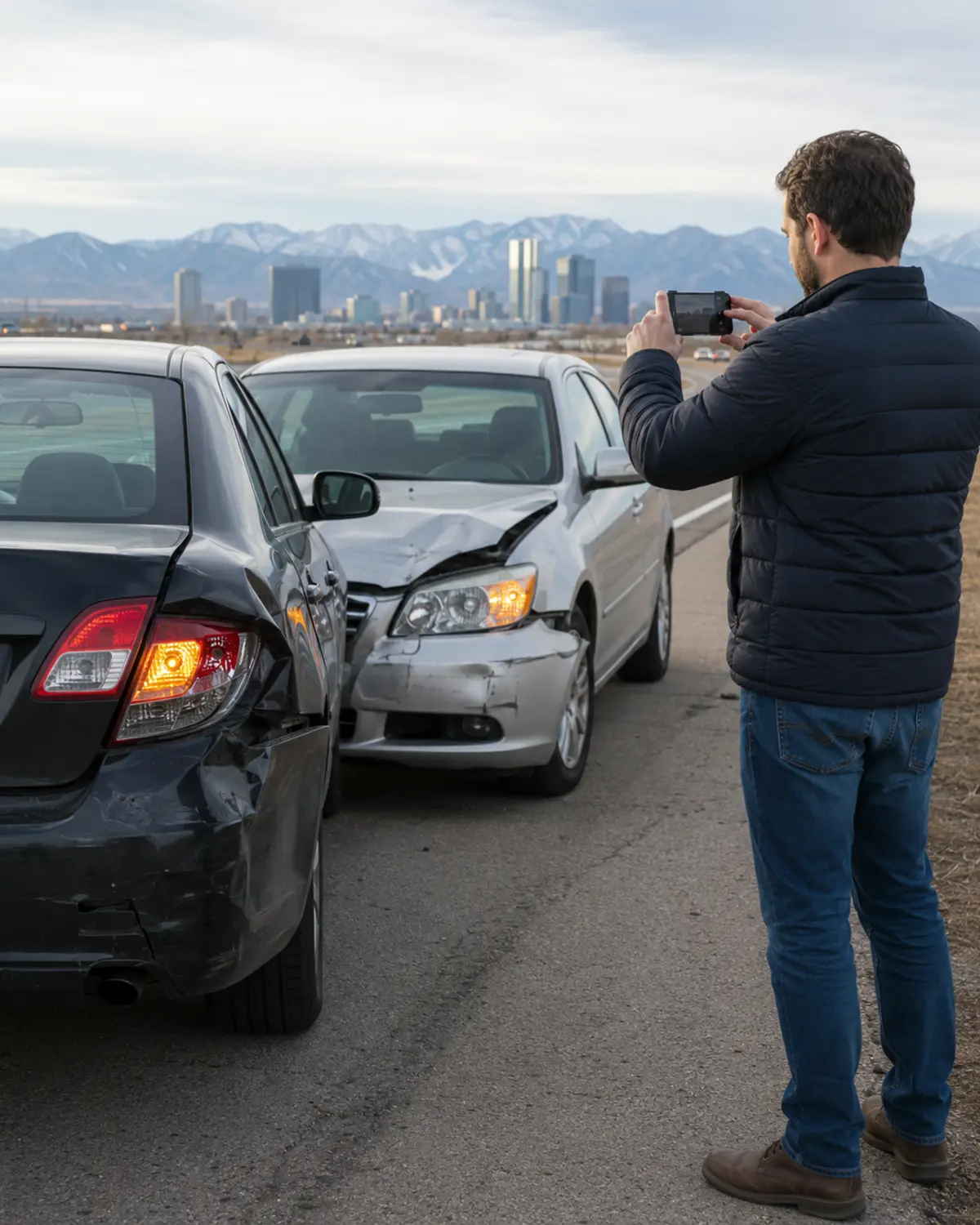 Driver safely photographing vehicle damage after a Denver car accident