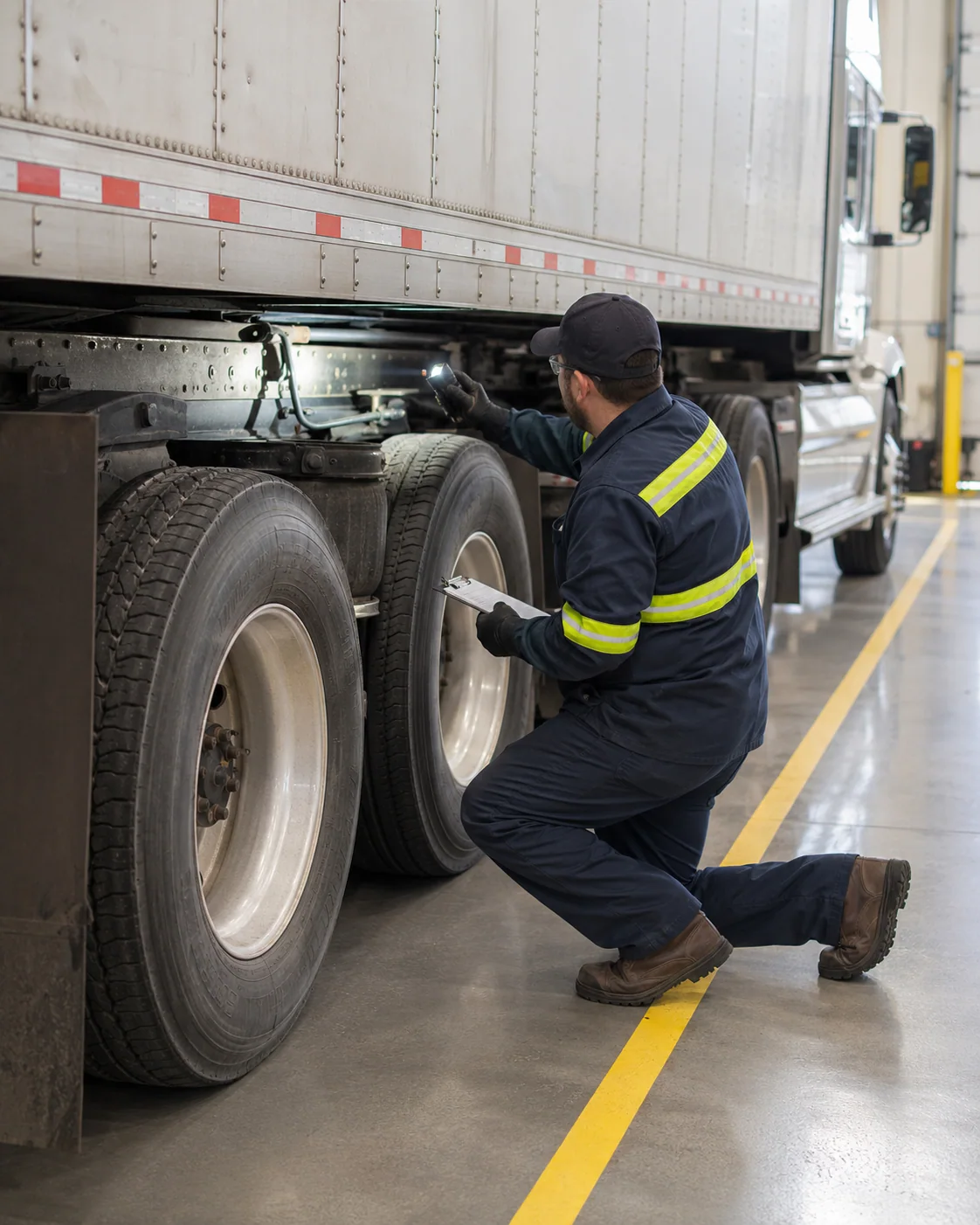 Technician inspecting the brakes and wheel area of an unbranded semi-truck in a commercial vehicle bay