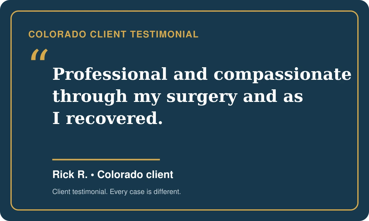 Colorado client testimonial describing Strong Law as professional and compassionate through surgery and recovery