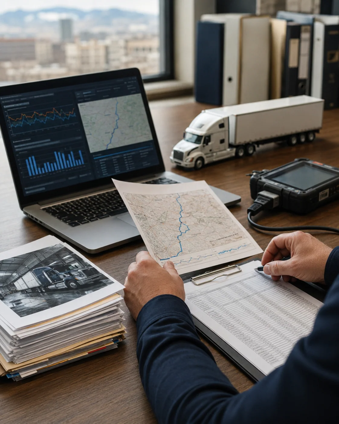 Investigator reviewing truck route, maintenance, and electronic vehicle records in a Denver office