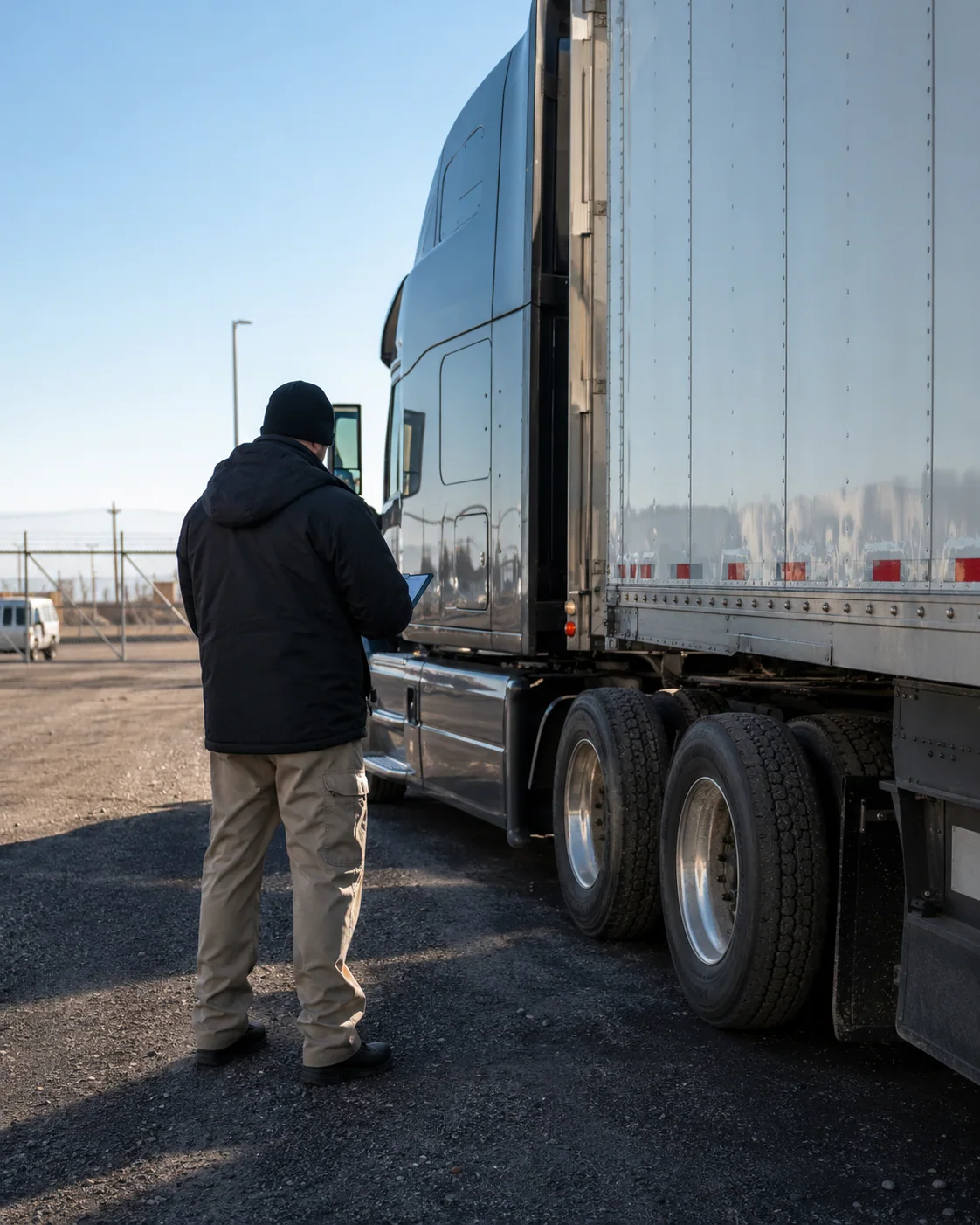 Investigator documenting an unbranded semi-truck at a secure vehicle storage yard after a Denver crash