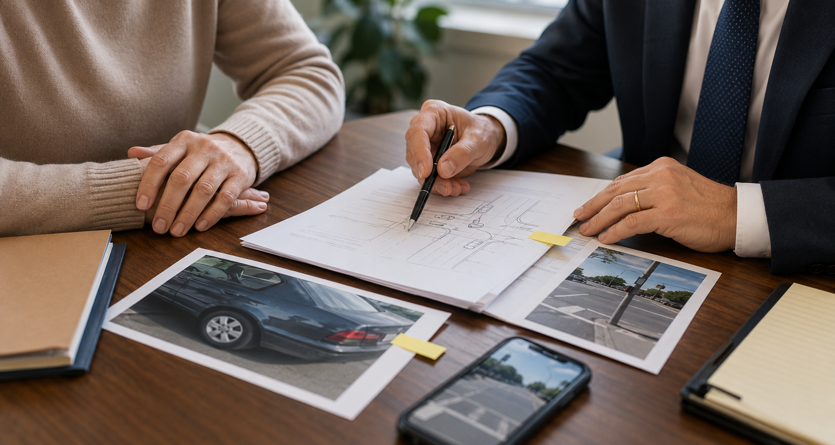 Attorney and client comparing a crash report with photos and video after details or fault are disputed.