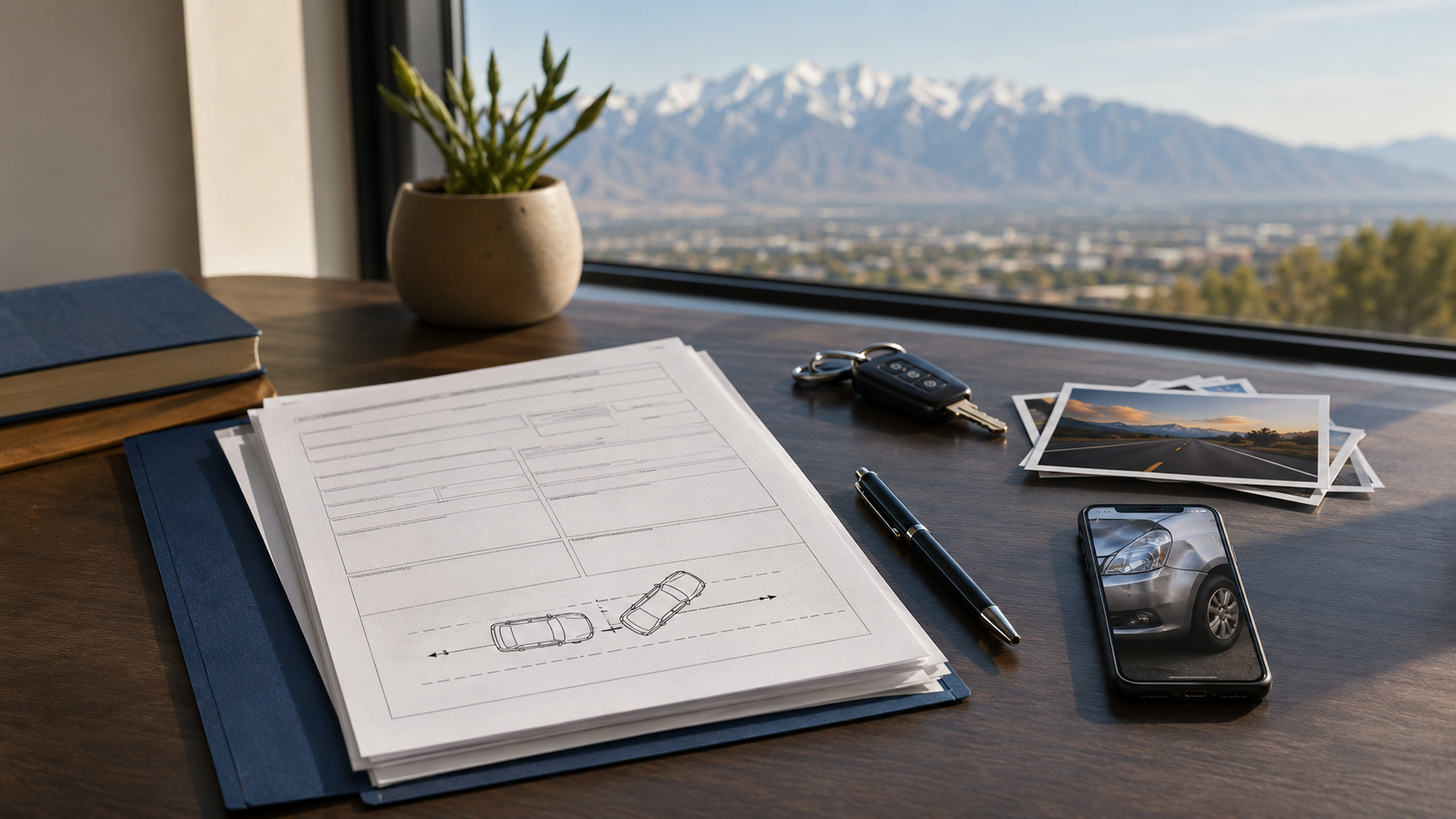 Crash report, collision diagram, car keys, and vehicle-damage photos representing Utah collision records.
