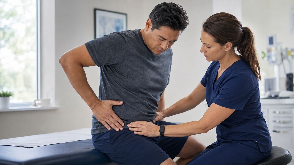 Doctor evaluating a patient with hip pain after a car accident