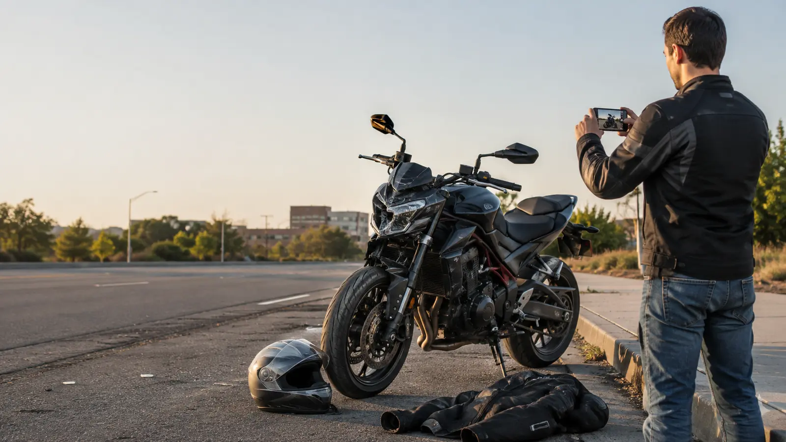 Motorcycle accident claim evidence with a damaged helmet and riding gear