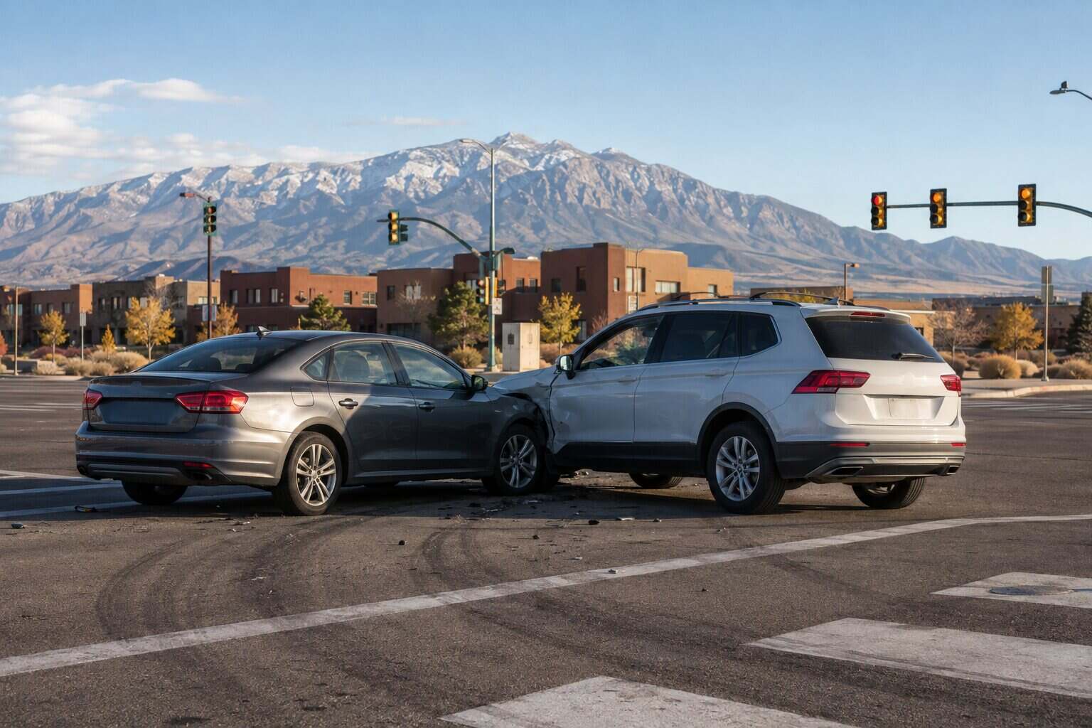 Two vehicles after an Albuquerque intersection crash involving disputed fault
