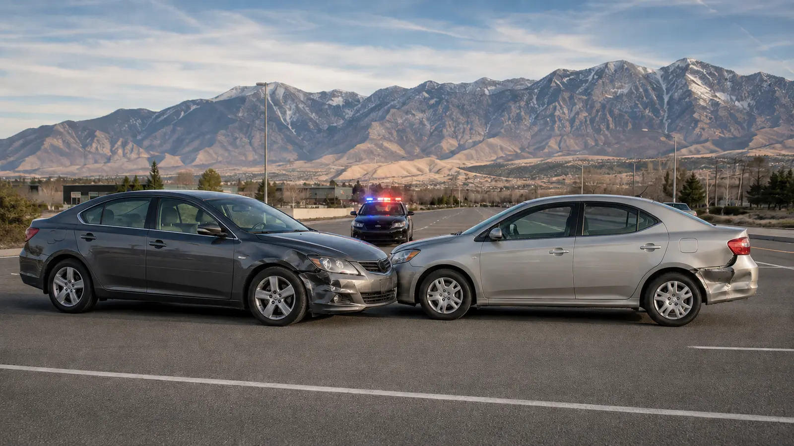 Two cars after a collision on a Utah road with the Wasatch Mountains behind them.