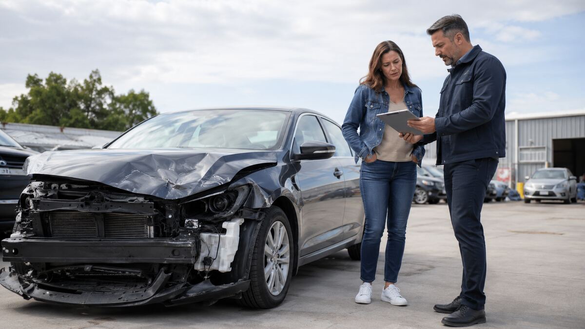 Vehicle owner reviewing a totaled car with an insurance appraiser