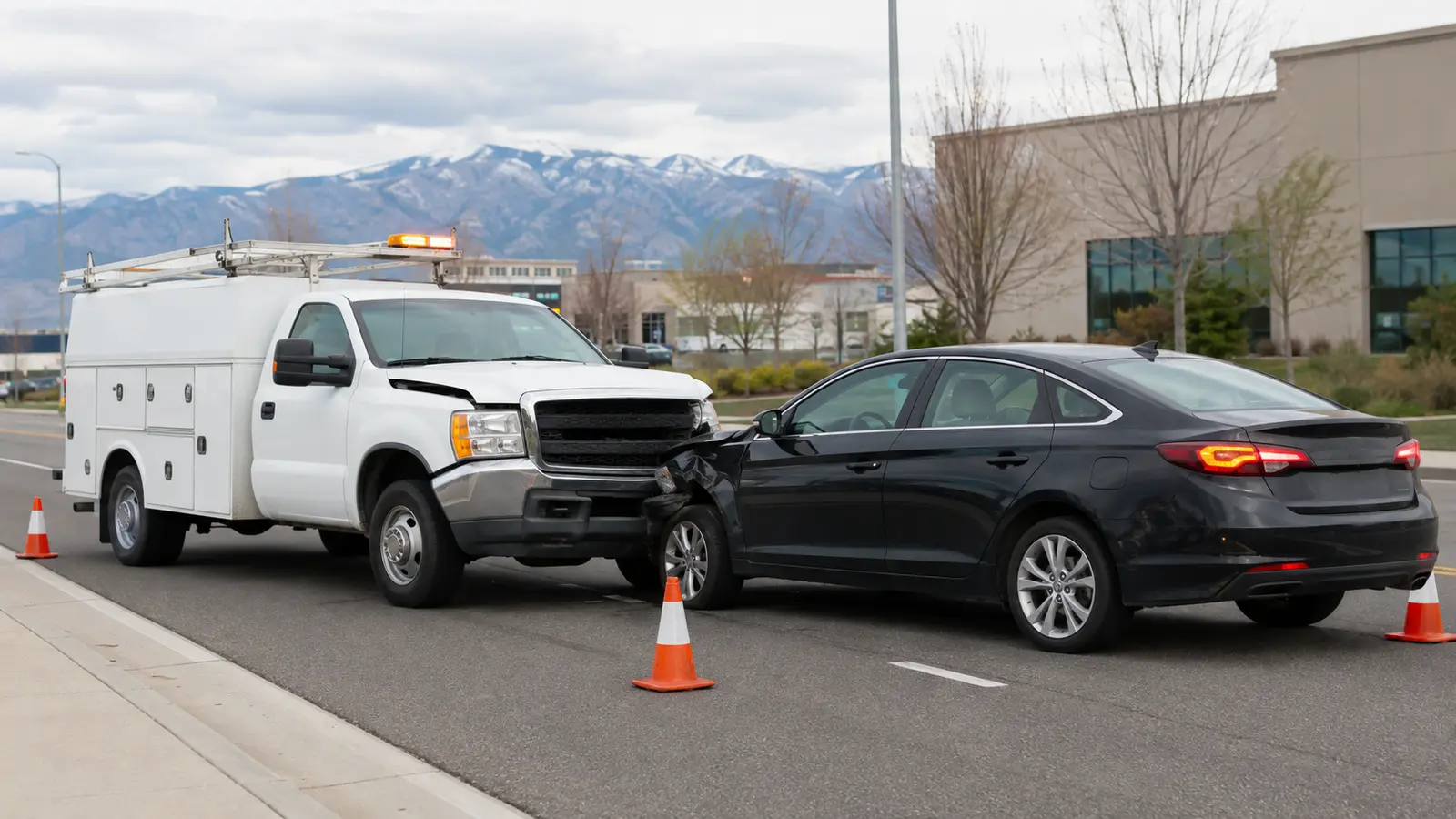 White utility work truck and passenger car after a collision on a city road
