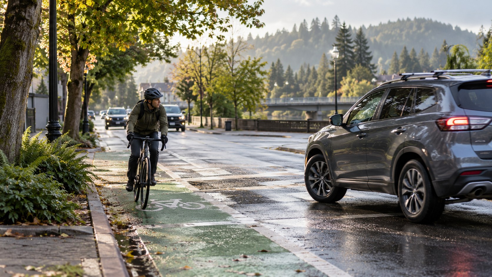 Cyclist watching a turning vehicle beside a marked bicycle lane