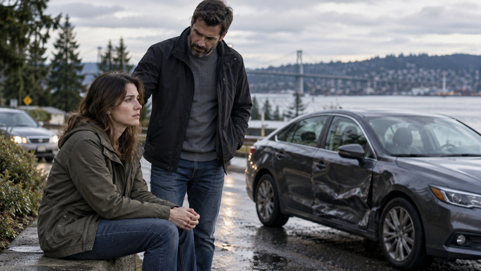 Passenger sitting beside a damaged car while another adult offers support