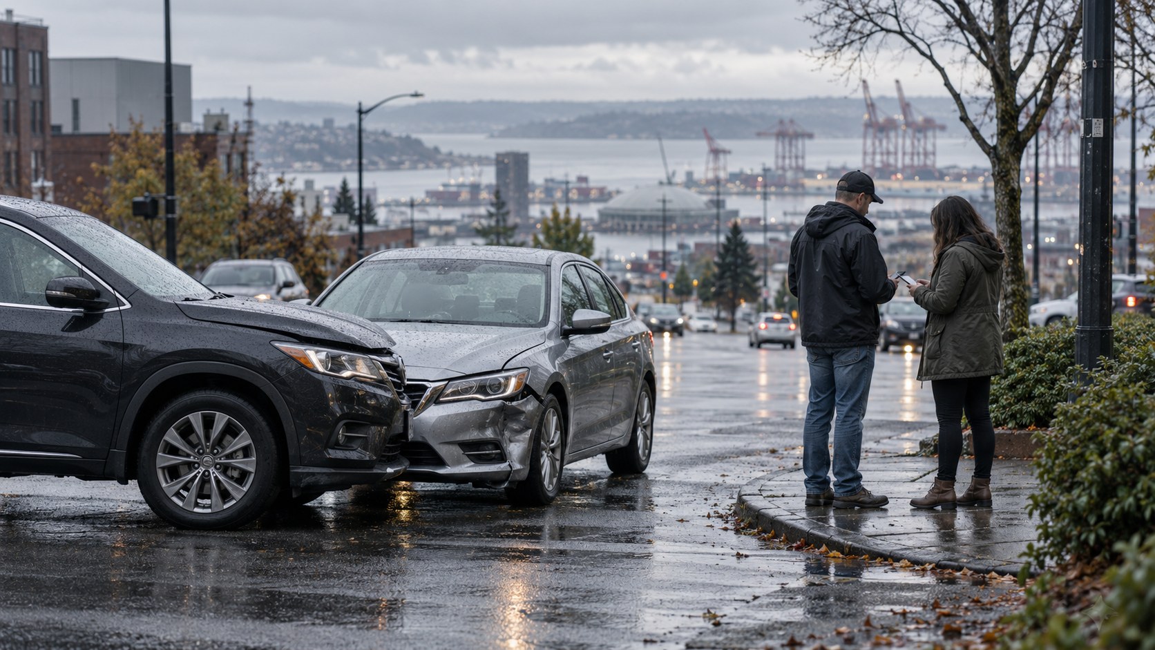 Two drivers exchanging information beside damaged cars on a wet city street