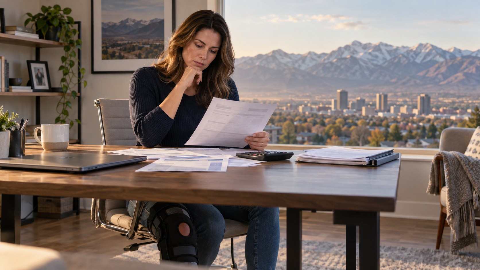 Woman wearing a knee brace reviewing bills at a desk with mountains outside