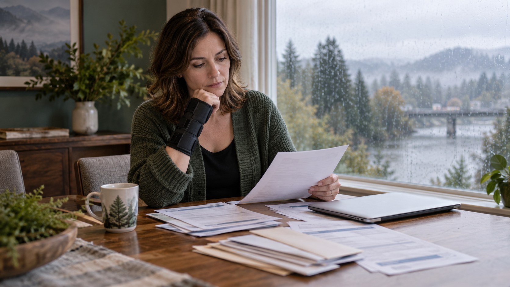 Woman wearing a wrist brace reviewing medical bills at a table