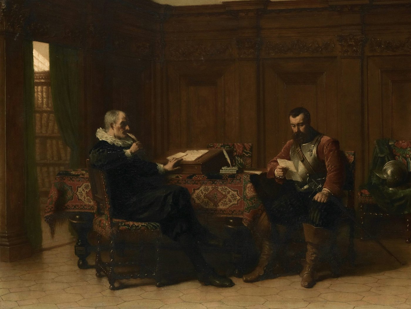 Historic painting of two men seated at a desk while one reads a letter.