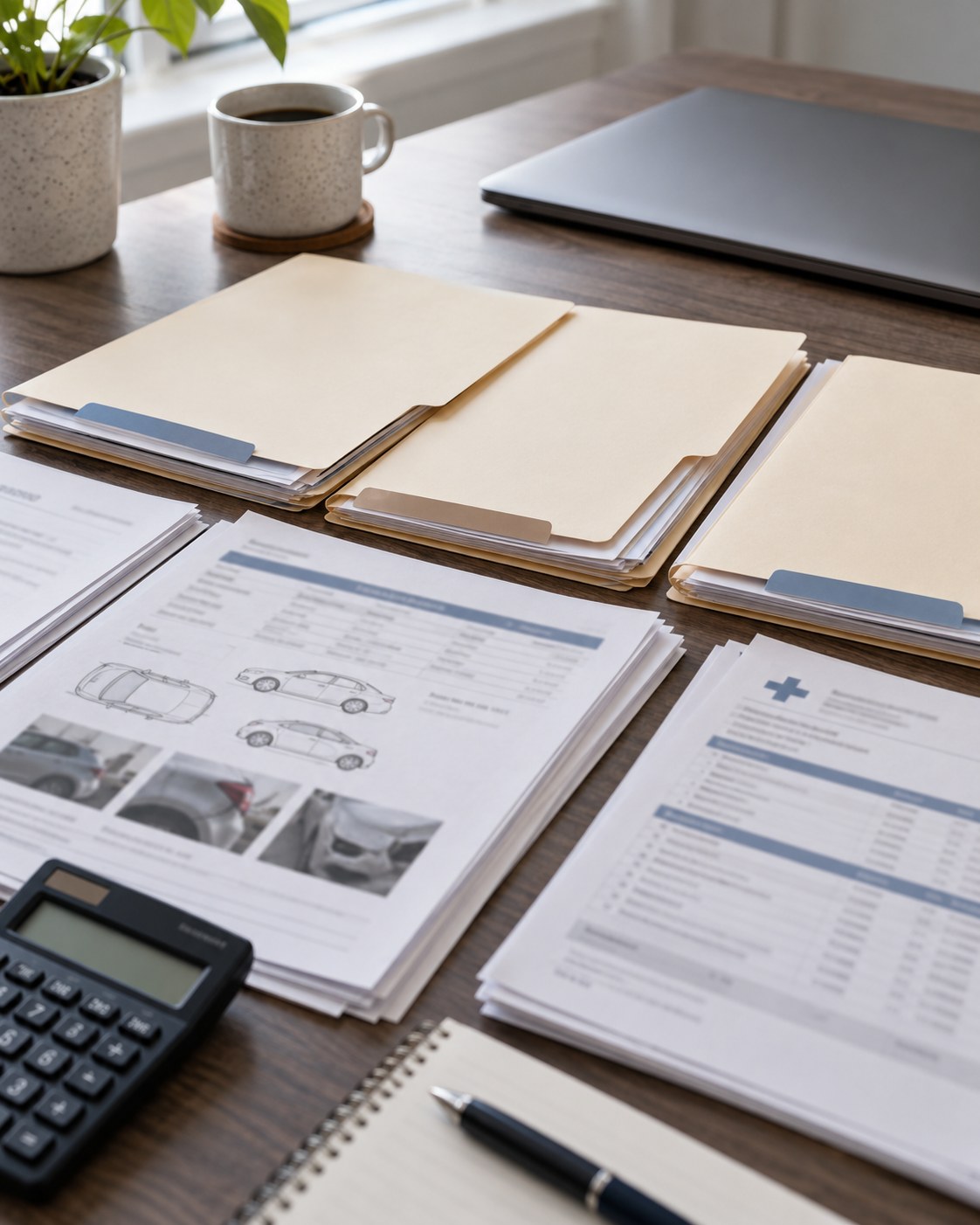 Organized file folders with vehicle and medical paperwork on a desk