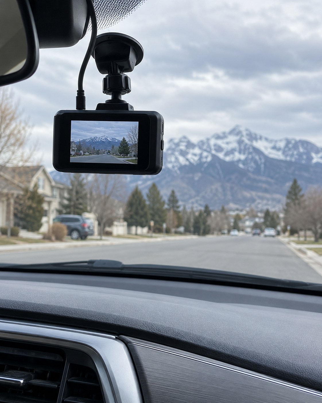 A dashboard camera facing a residential street with mountains in the distance