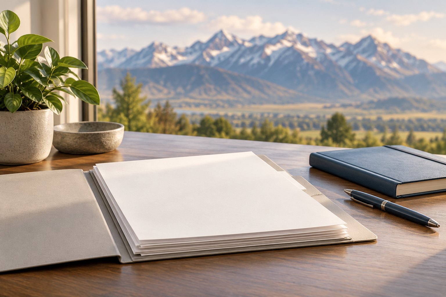 Illustration of organized documents and a notebook beside a window overlooking mountains.